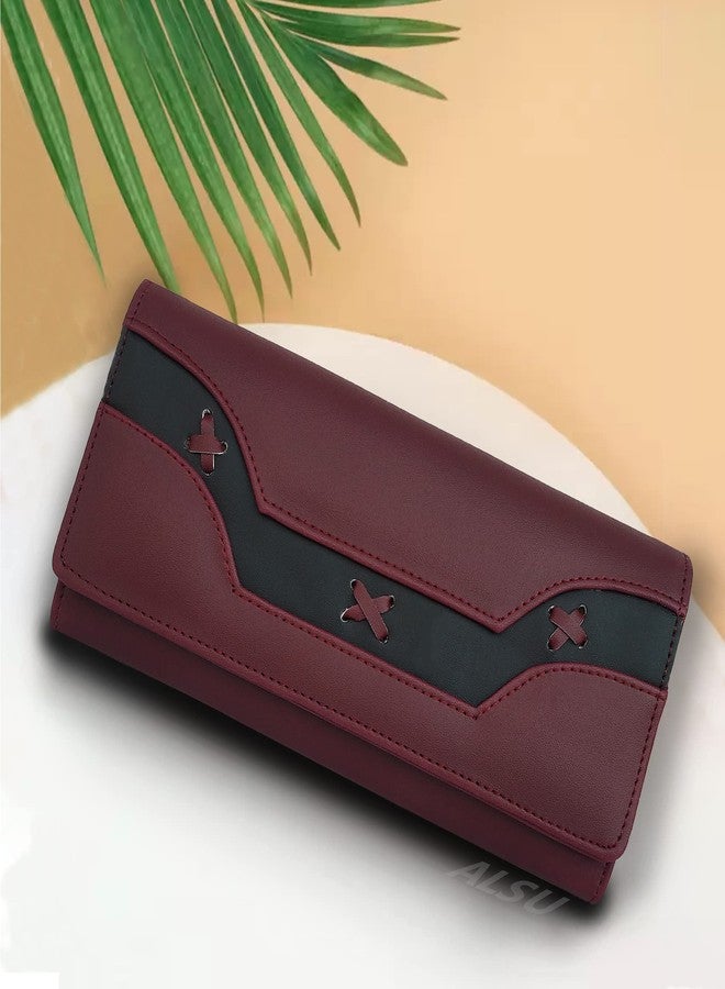 ALSU Women's Wallet | Ladies Purse Clutch | Phone Pocket | 6 Card Slots | Faux Leater material-jln011 (Maroon) - Image 2
